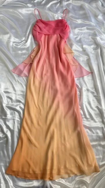 Wholesale Elegant A line Straps Chiffon Ombre Pink Prom Dresses Evening Dress With Ribbons gowns evening dresses